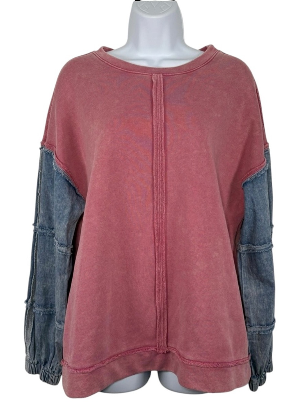 New In Colorblock Pink Denim Sleeve Raw Seam Sweatshirt SzM